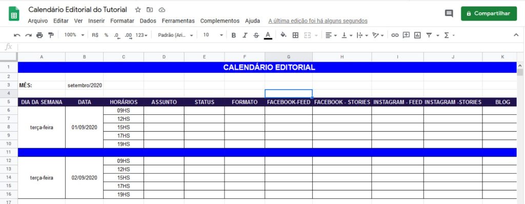 Google Docs - Calendário Editorial Mensal