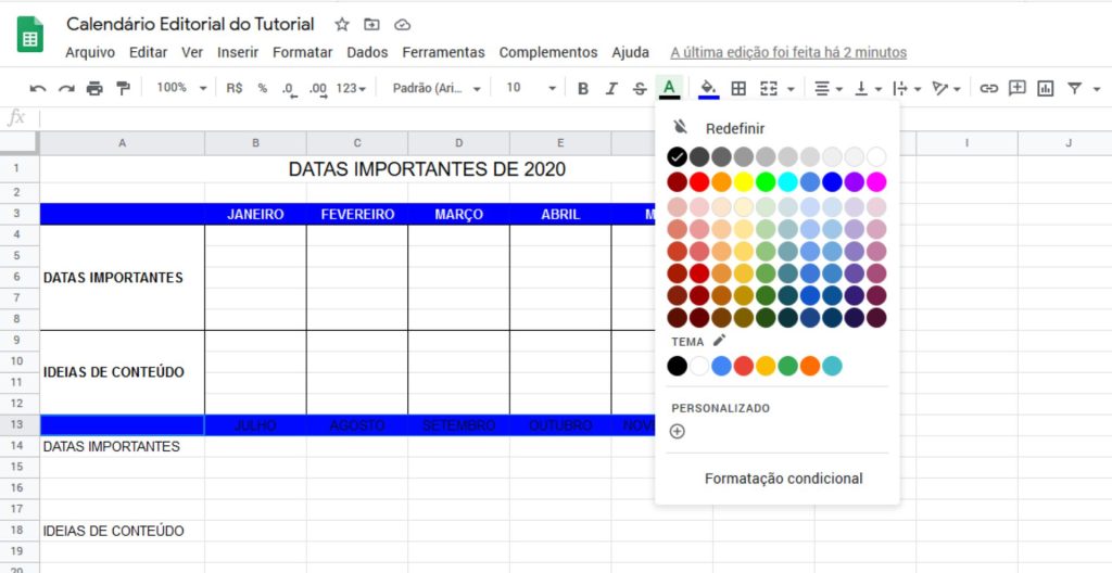 Calendário Editorial no Google Docs - Cor do Texto
