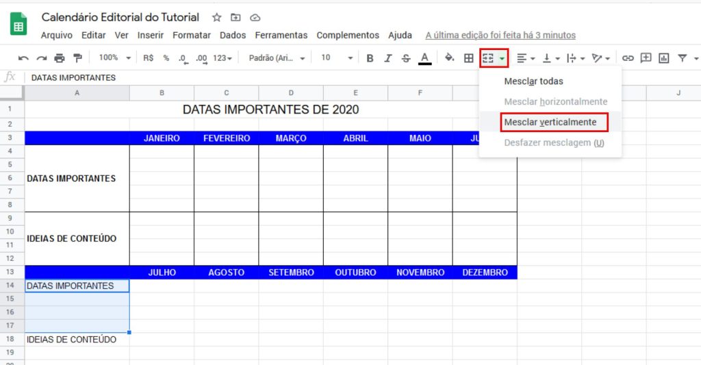 Calendário Editorial no Google Docs - Mesclar Verticalmente